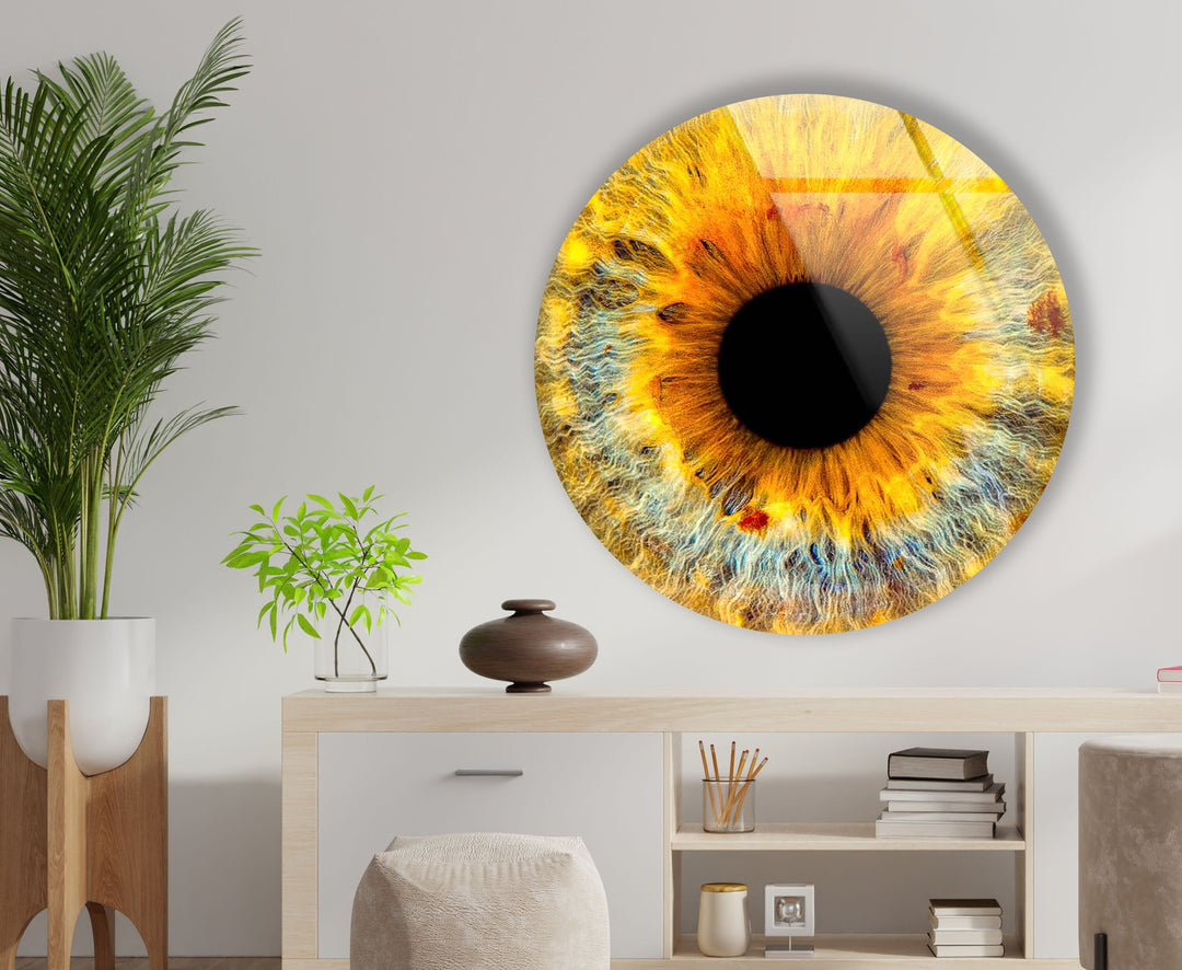 Yellow Eye Round Glass Wall Art custom glass pictures, glass art prints
