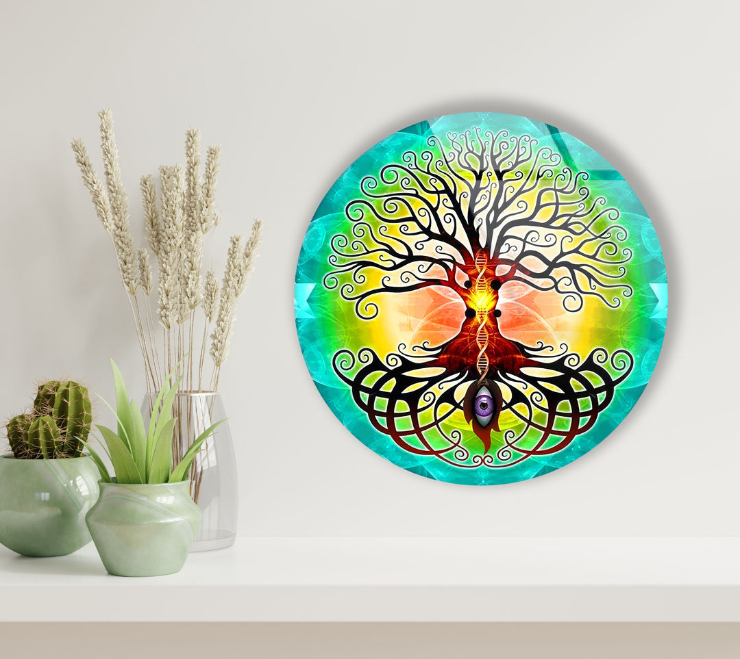 Mandala Round Tree of Life Glass Wall Art picture on glass wall art, photos printed on glass
