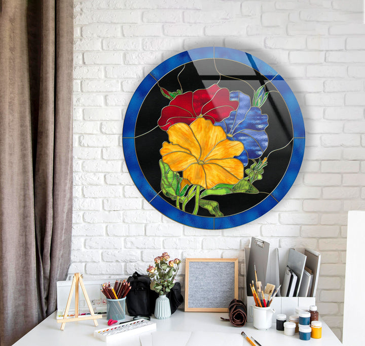 Colorful Flowers Round Glass Wall Art custom glass pictures, glass art prints
