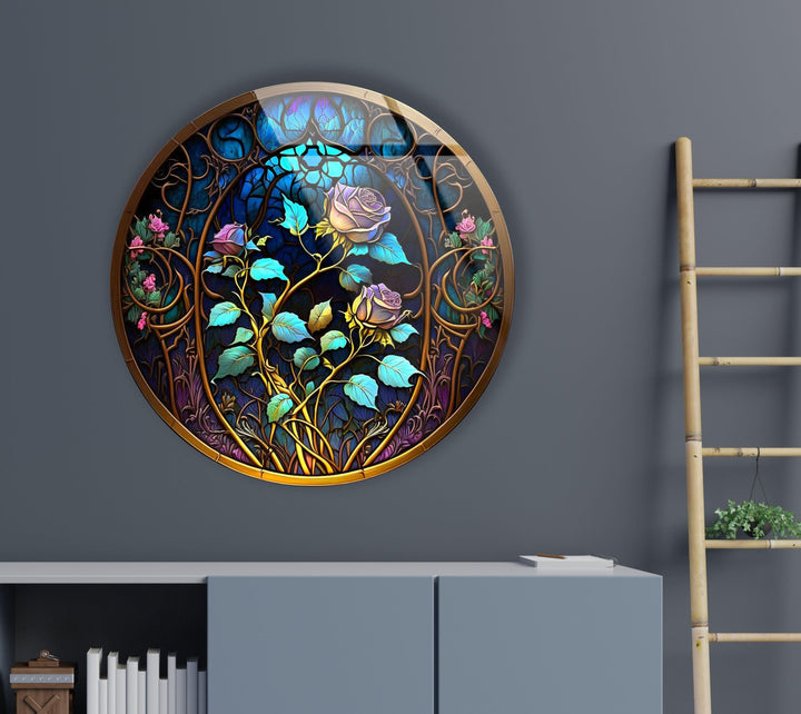 Stained Round Blue Rose Glass Wall Art glass photo prints, glass picture prints
