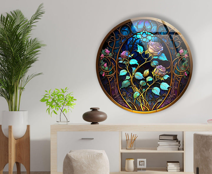 Stained Round Blue Rose Glass Wall Art glass image printing, glass prints from photos
