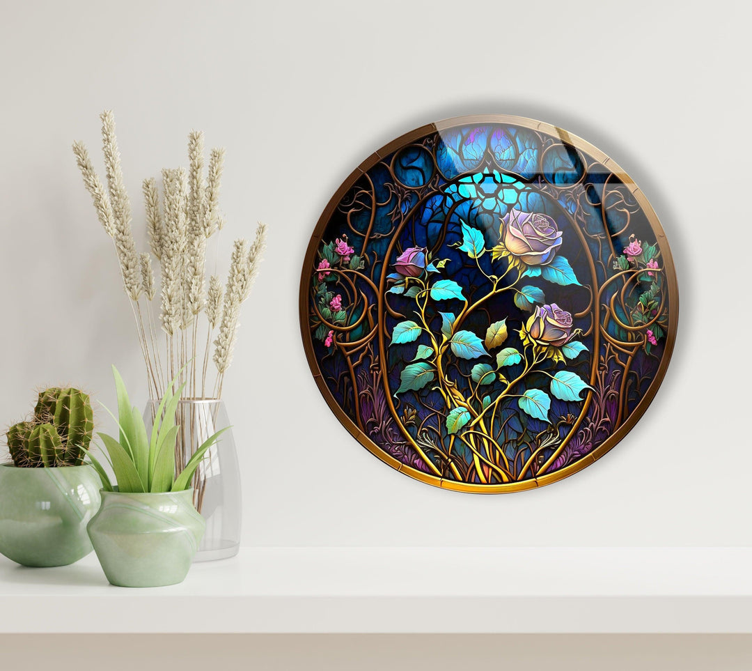 Stained Round Blue Rose Glass Wall Art glass pictures for Wall, glass prints wall art
