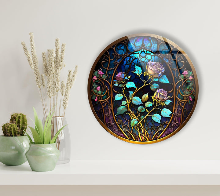 Stained Round Blue Rose Glass Wall Art glass pictures for Wall, glass prints wall art
