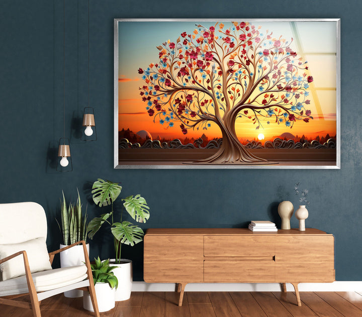 Colorful Tree At Sunset Glass Wall Art, photo print on glass, prints on glass wall art