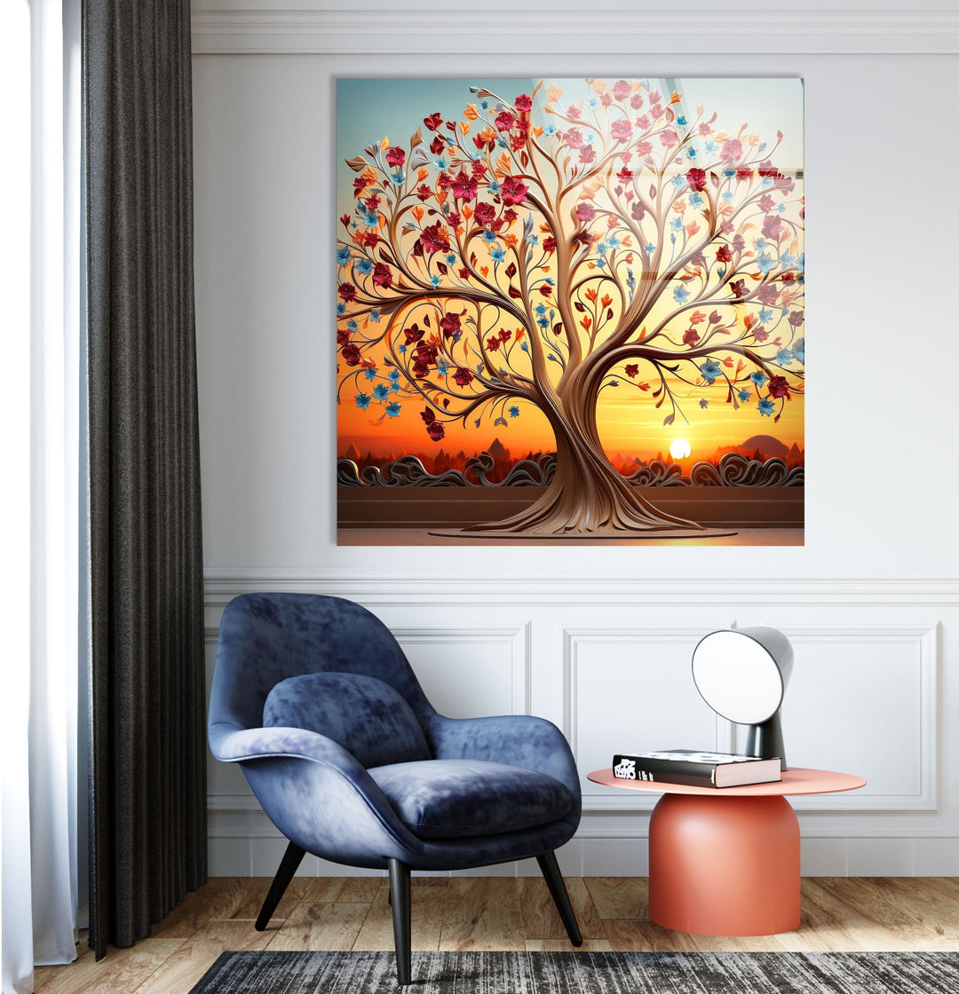 Colorful Tree At Sunset Glass Wall Art, large glass photo prints, glass wall photos