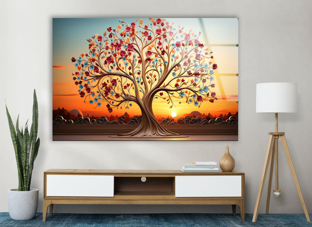 Colorful Tree At Sunset Glass Wall Art, glass image printing, glass prints from photos