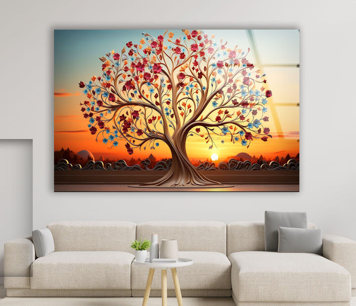 Colorful Tree At Sunset Glass Wall Art, glass photo prints, glass picture prints