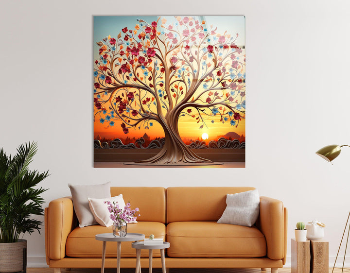 Colorful Tree At Sunset Glass Wall Art, glass pictures for Wall, glass prints wall art