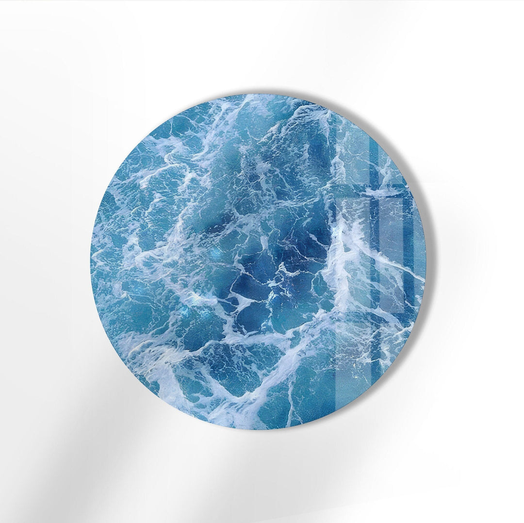 Blue Ocean Waves Round Glass Wall Art stained glass wall art, stained glass wall decor