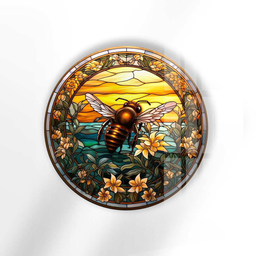 Stained Round Bee Glass Wall Art glass pictures for Wall, glass prints wall art
