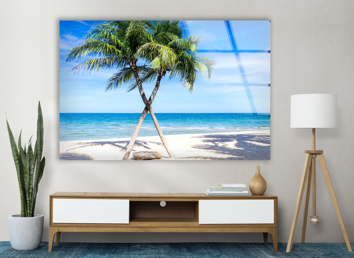 Sand Island Coconut Tree Glass Wall Art print picture on glass, Tempered Glass Wall Art