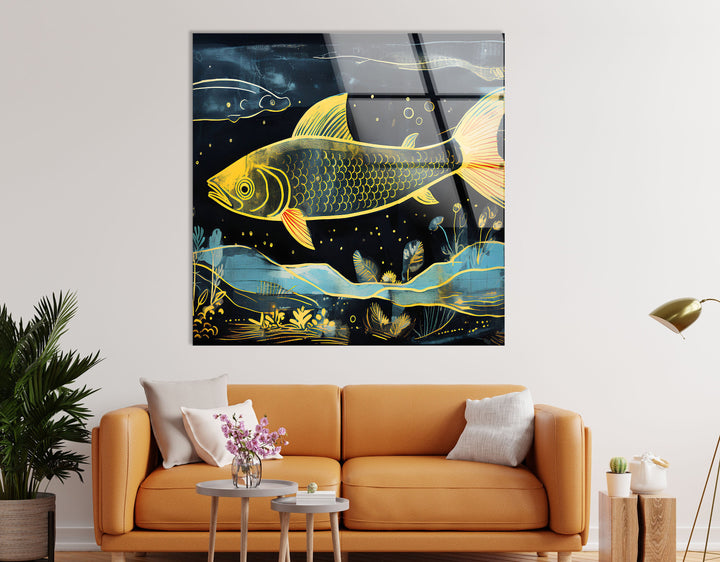 Fish Painting Glass Wall Art print picture on glass, Tempered Glass Wall Art