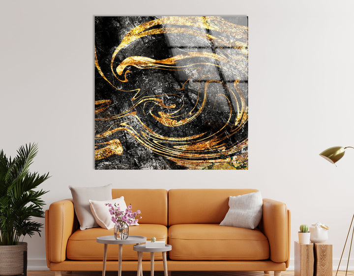 Black and Gold Marbling Mix Glass Wall Art , large glass photo prints, glass wall photos