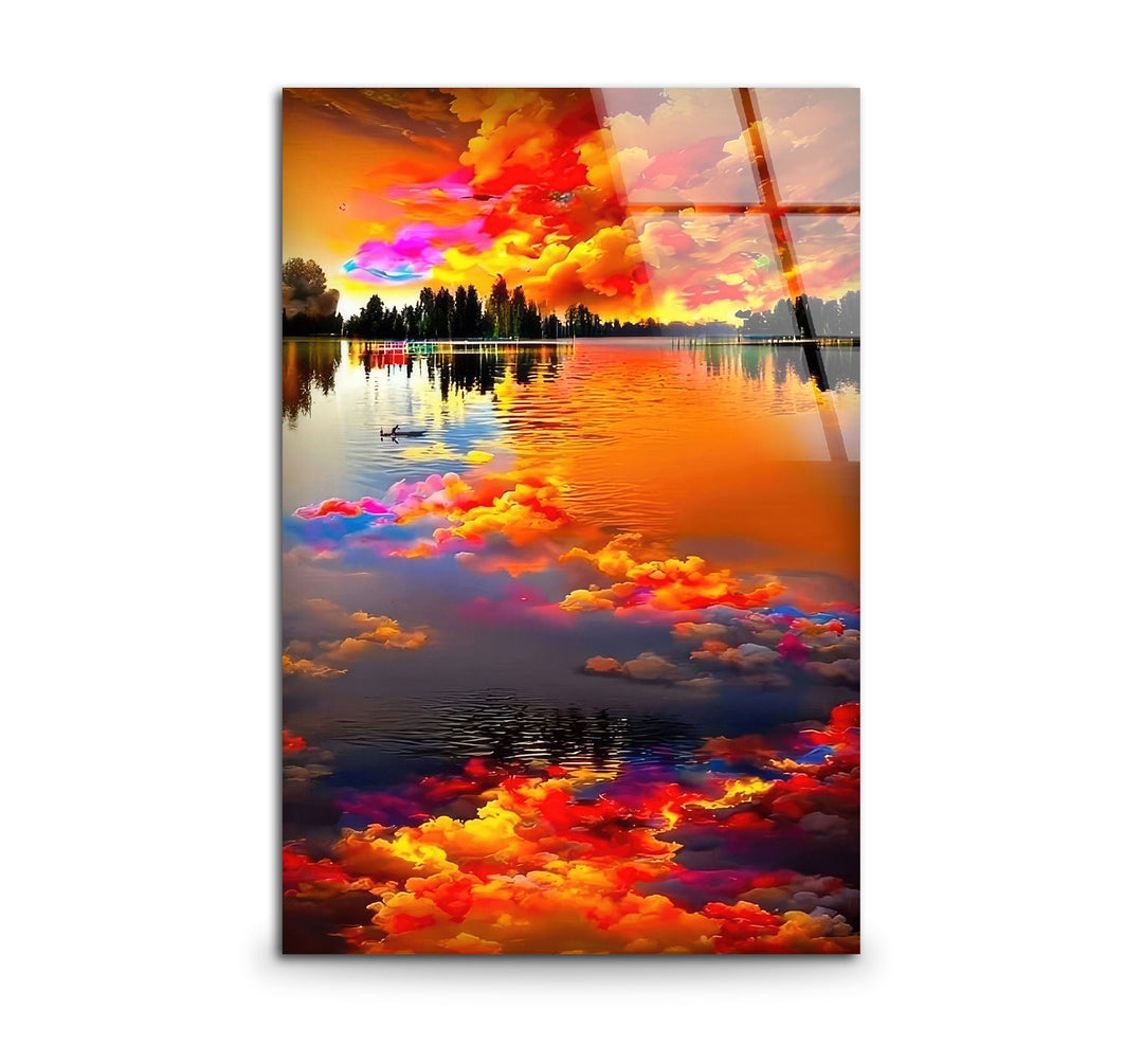 Fiery Sky Reflected in Lake Glass Wall Art print on glass, glass printed photos