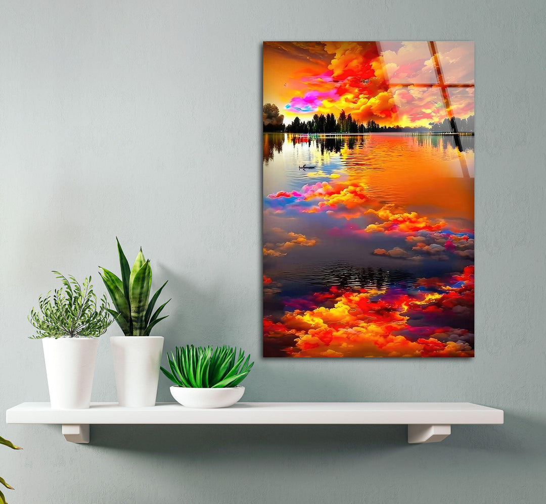 Fiery Sky Reflected in Lake Glass Wall Art print picture on glass, Tempered Glass Wall Art