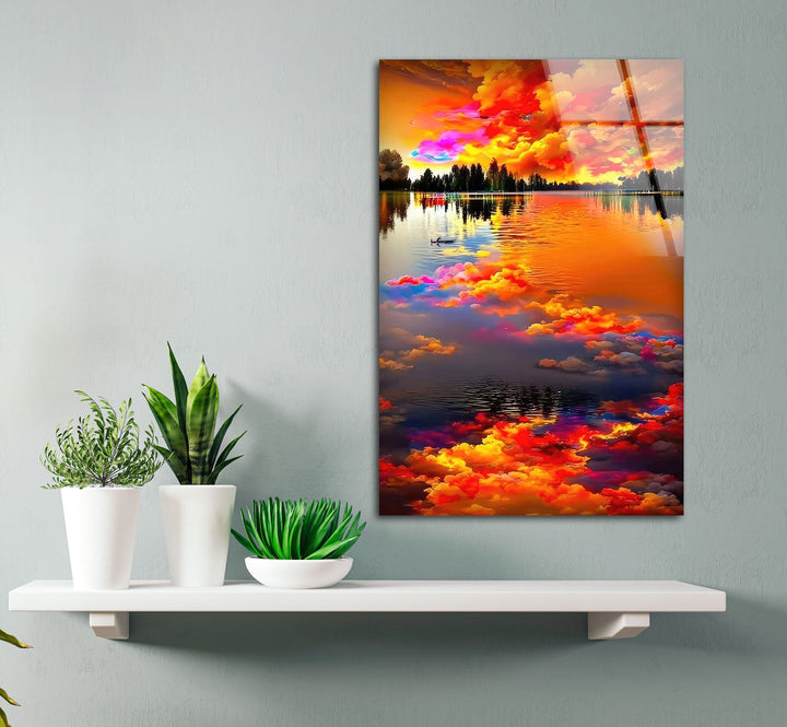 Fiery Sky Reflected in Lake Glass Wall Art print picture on glass, Tempered Glass Wall Art