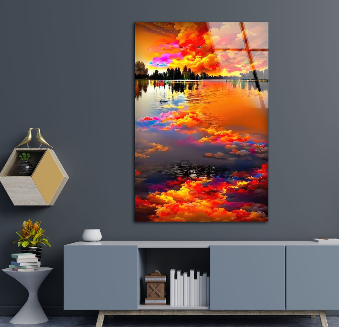 Fiery Sky Reflected in Lake Glass Wall Art glass photo prints, glass picture prints