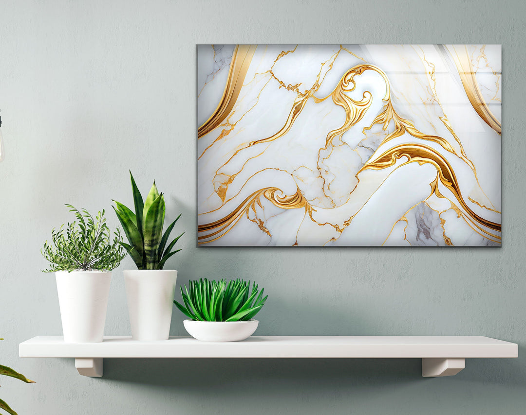 White and Gold Marble Abstract Glass Wall Art