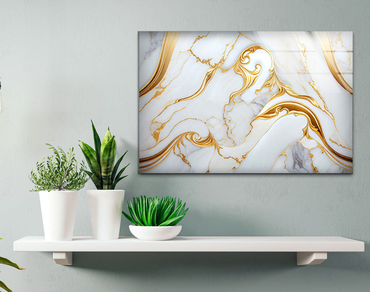 White and Gold Marble Abstract Glass Wall Art