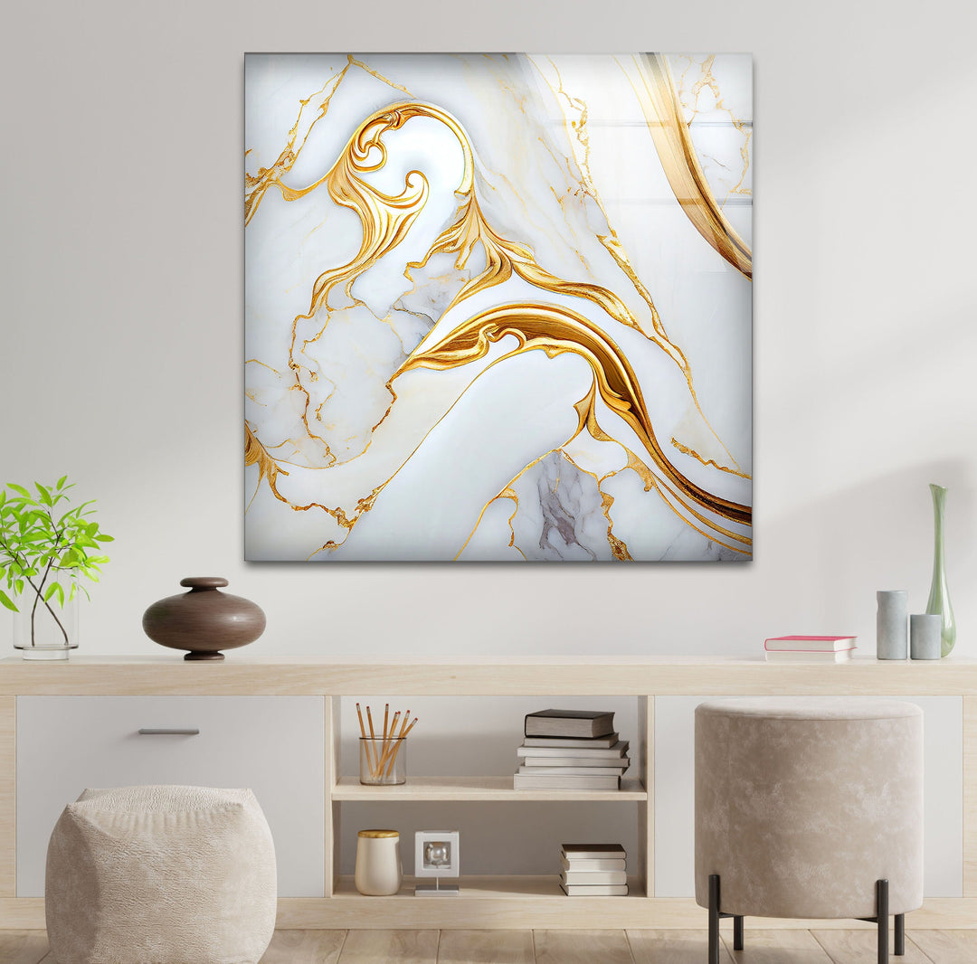 White and Gold Marble Abstract Glass Wall Art