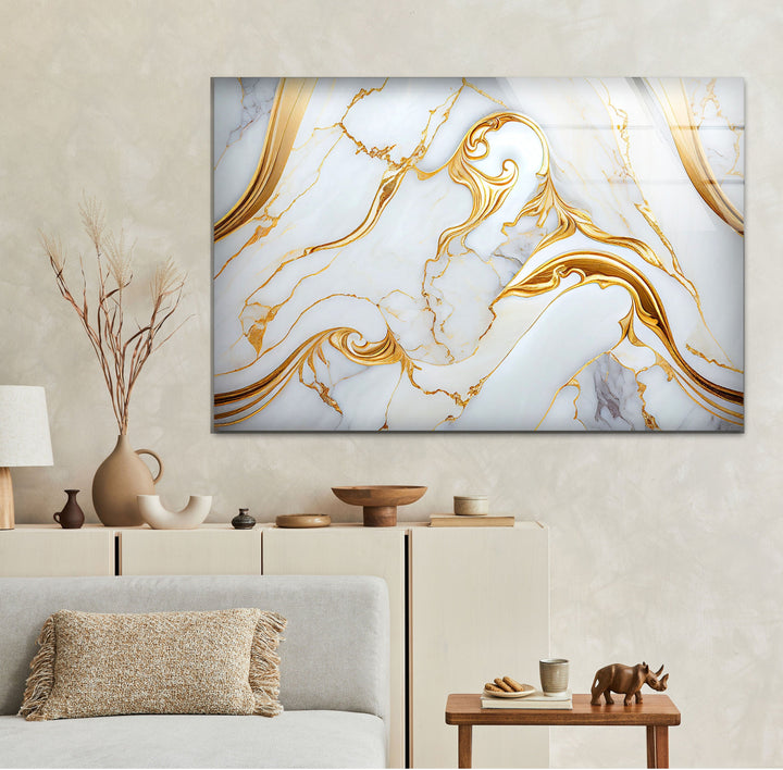 White and Gold Marble Abstract Glass Wall Art