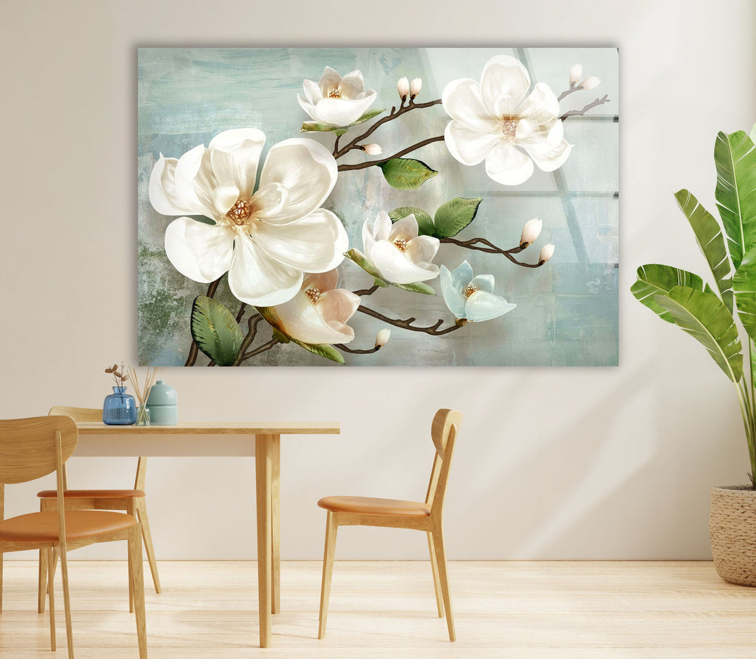 Magnolias Oil Paintings Glass Wall Art, large glass photo prints, glass wall photos