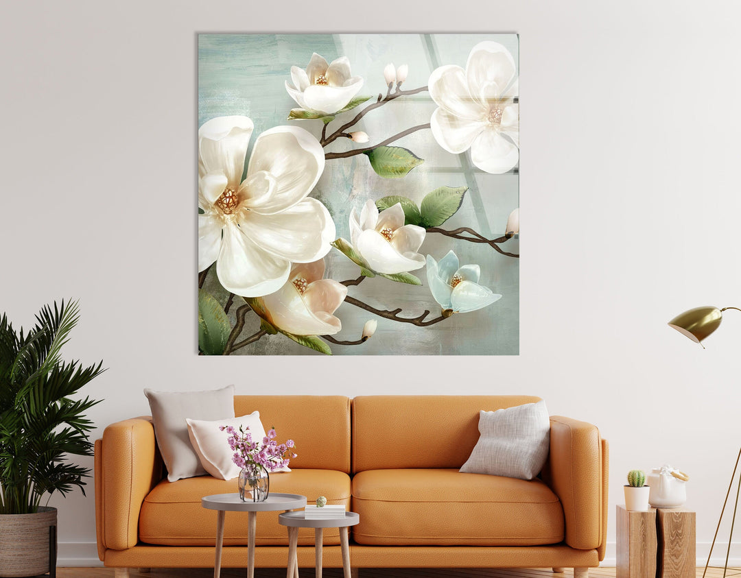 Magnolias Oil Paintings Glass Wall Art, picture on glass wall art, photos printed on glass