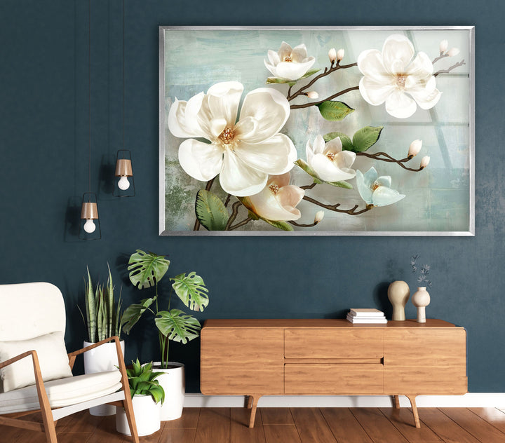 Magnolias Oil Paintings Glass Wall Art, glass pictures for Wall, glass prints wall art