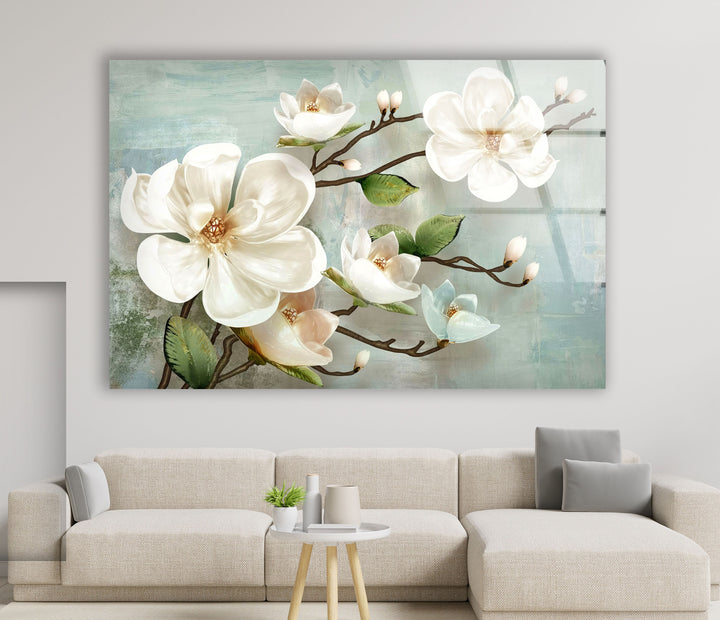 Magnolias Oil Paintings Glass Wall Art, photo print on glass, prints on glass wall art