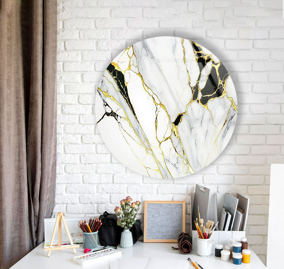 White & Gold Marble Round Glass Wall Art glass image printing, glass prints from photos
