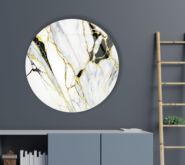 White & Gold Marble Round Glass Wall Art custom glass pictures, glass art prints
