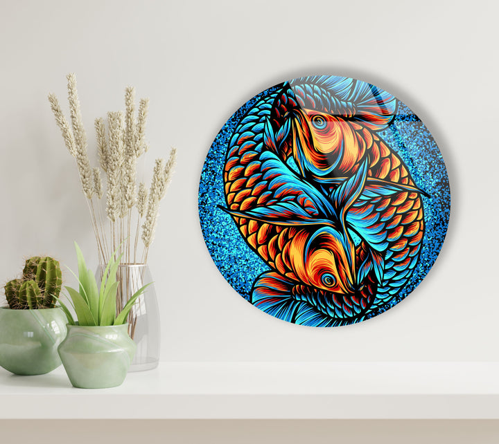 Orange Fishes Stained Round Glass Wall Art glass photo prints, glass picture prints
