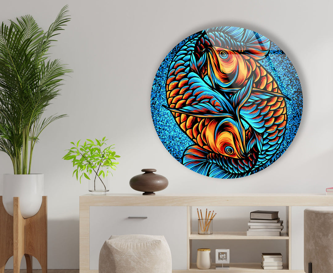 Orange Fishes Stained Round Glass Wall Art glass art painting, glass art for the Wall
