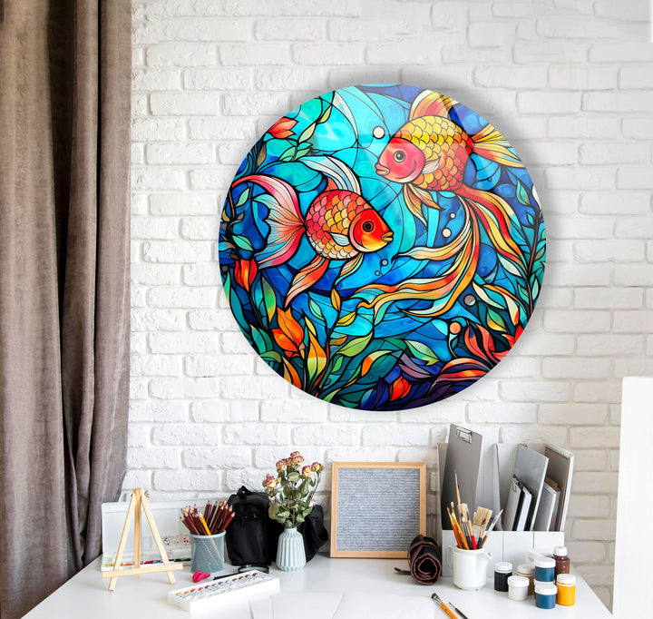 Stained Little Fishes Round Glass Wall Art glass photo prints, glass picture prints
