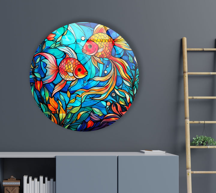 Stained Little Fishes Round Glass Wall Art glass pictures for Wall, glass prints wall art
