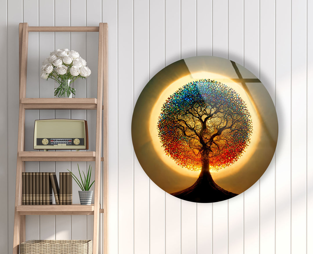 Life of Tree Round Glass Wall Art picture on glass wall art, photos printed on glass