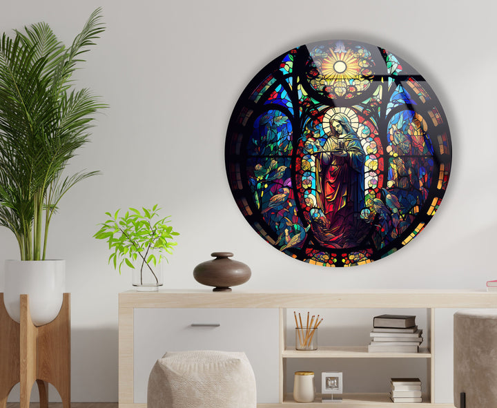 Christian Round Stained Glass Wall Art print picture on glass, Tempered Glass Wall Art
