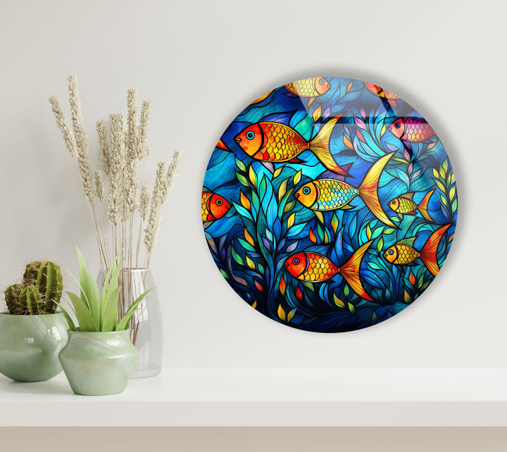 Stained Fish Paint Round Glass Wall Art photo print on glass, prints on glass wall art
