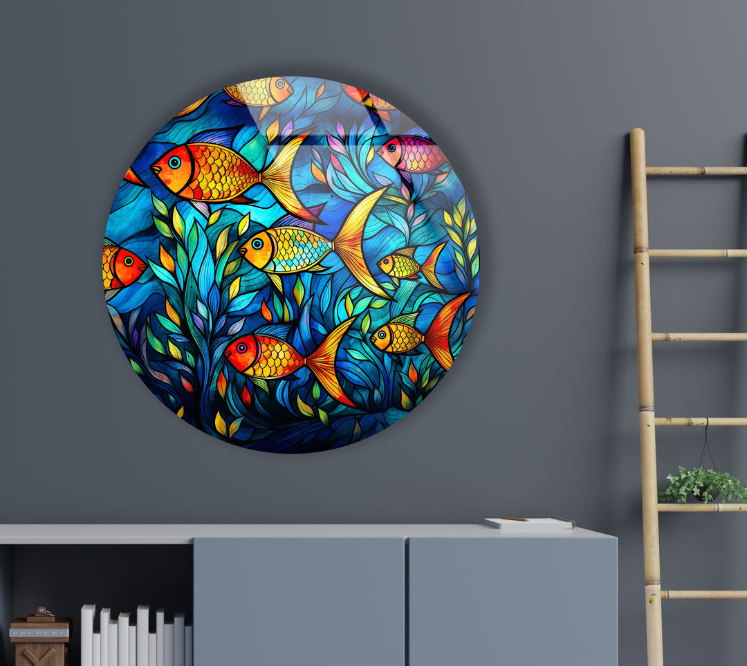 Stained Fish Paint Round Glass Wall Art picture on glass wall art, photos printed on glass
