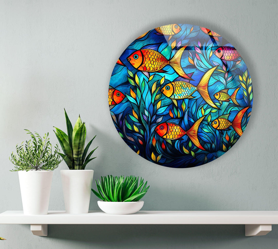 Stained Fish Paint Round Glass Wall Art print picture on glass, Tempered Glass Wall Art
