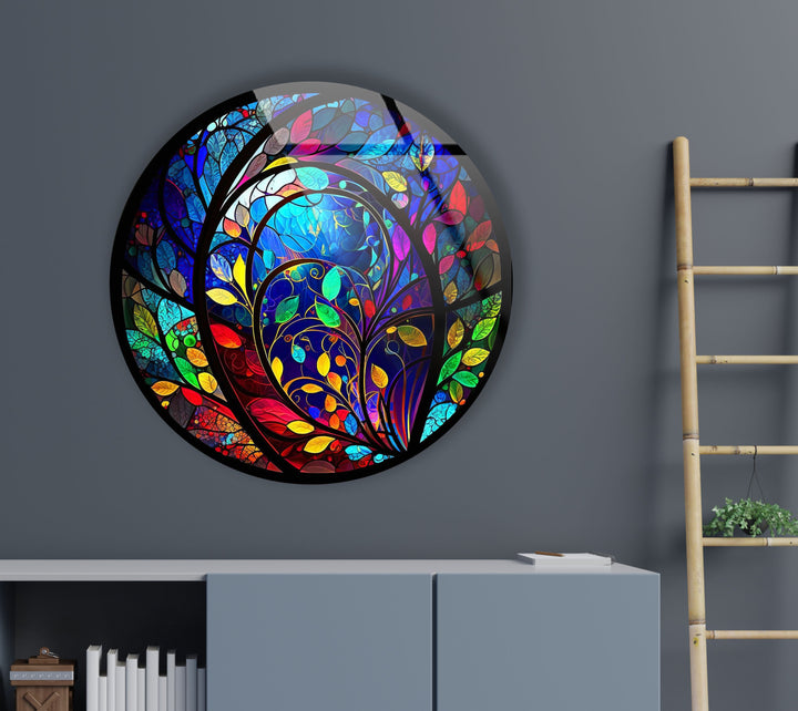 Circular Stained with Tree Round Glass Wall Art glass wall decor, glass wall art decor
