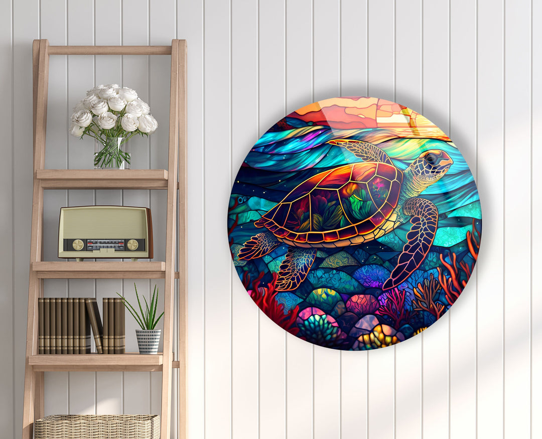 Sea Turtle Colored Round Glass Wall Art custom glass photo prints, large glass prints
