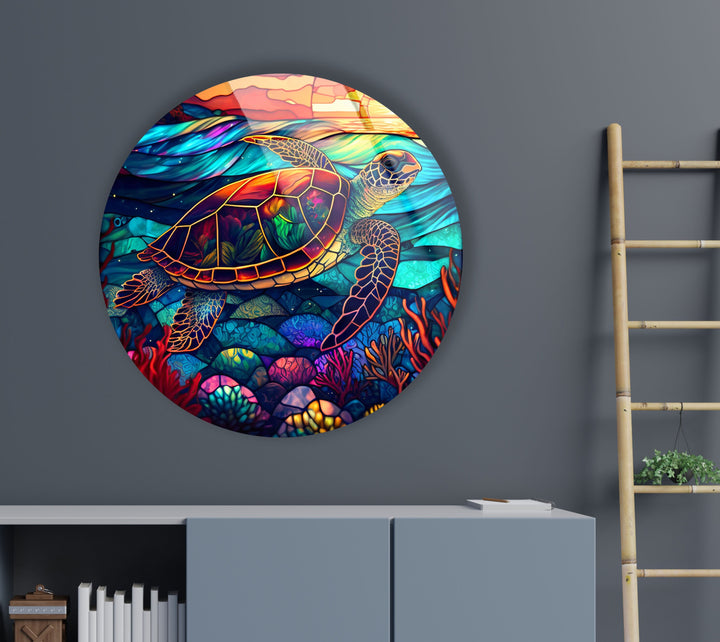 Sea Turtle Colored Round Glass Wall Art picture on glass wall art, photos printed on glass
