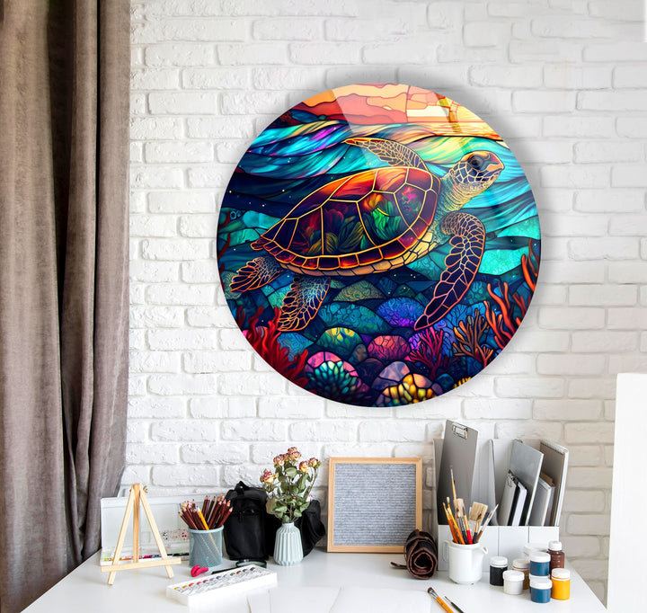 Sea Turtle Colored Round Glass Wall Art custom glass pictures, glass art prints
