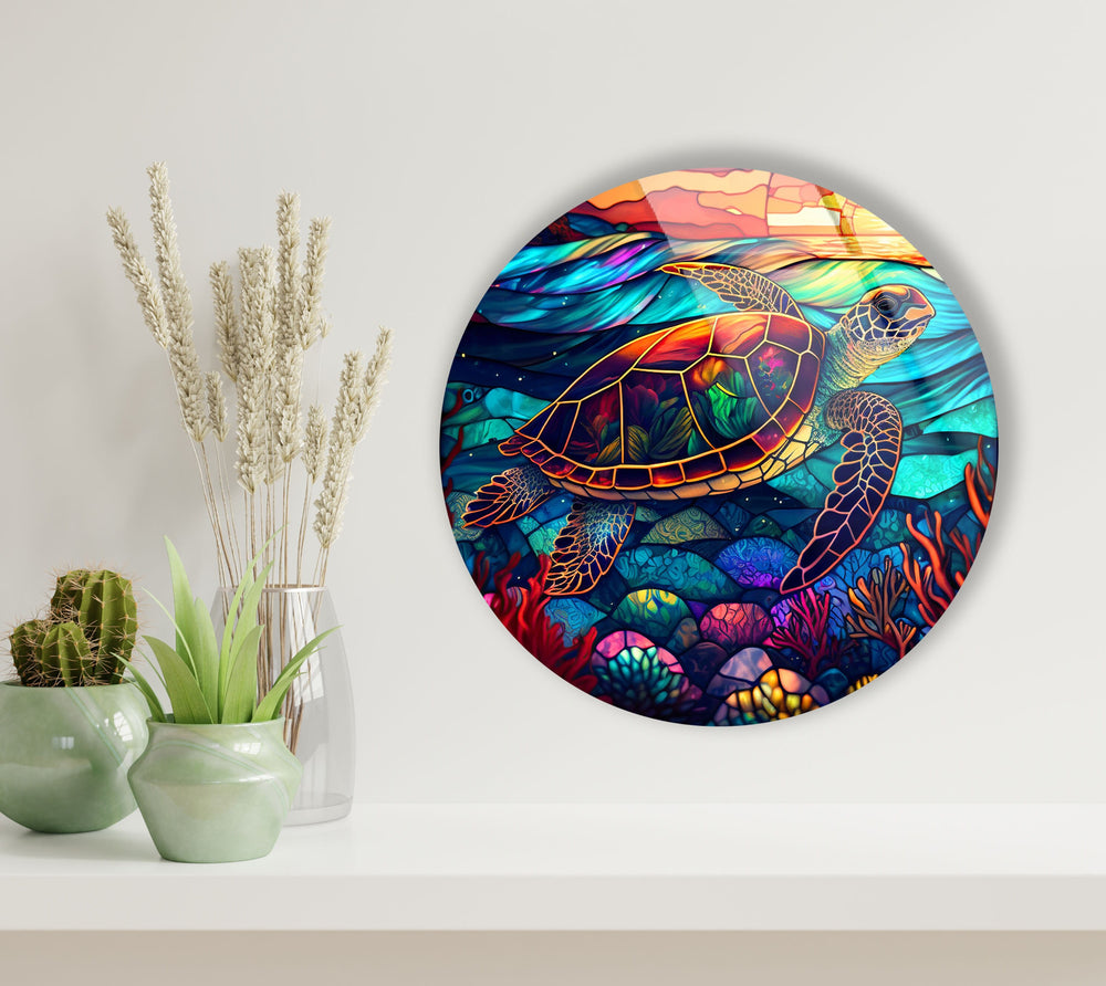 Sea Turtle Colored Round Glass Wall Art glass image printing, glass prints from photos
