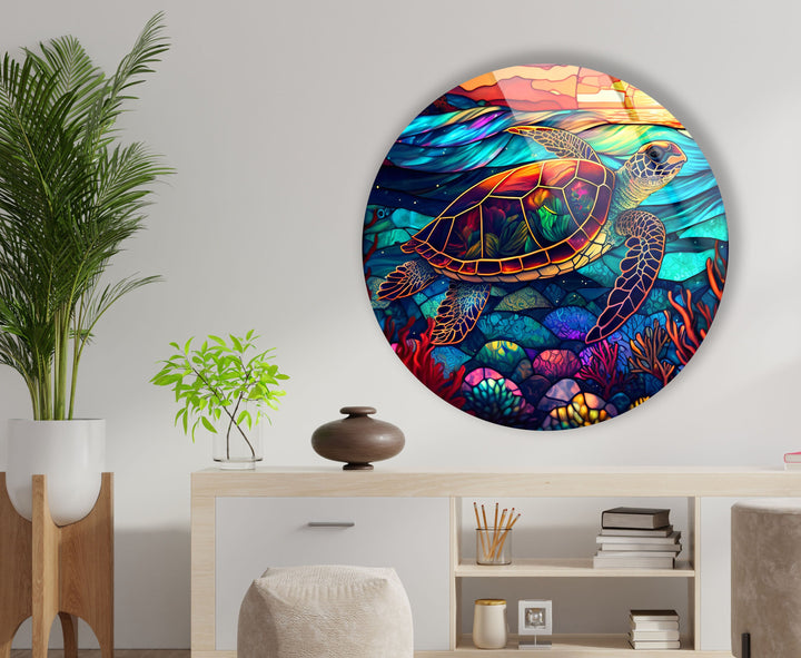 Sea Turtle Colored Round Glass Wall Art print on glass, glass printed photos
