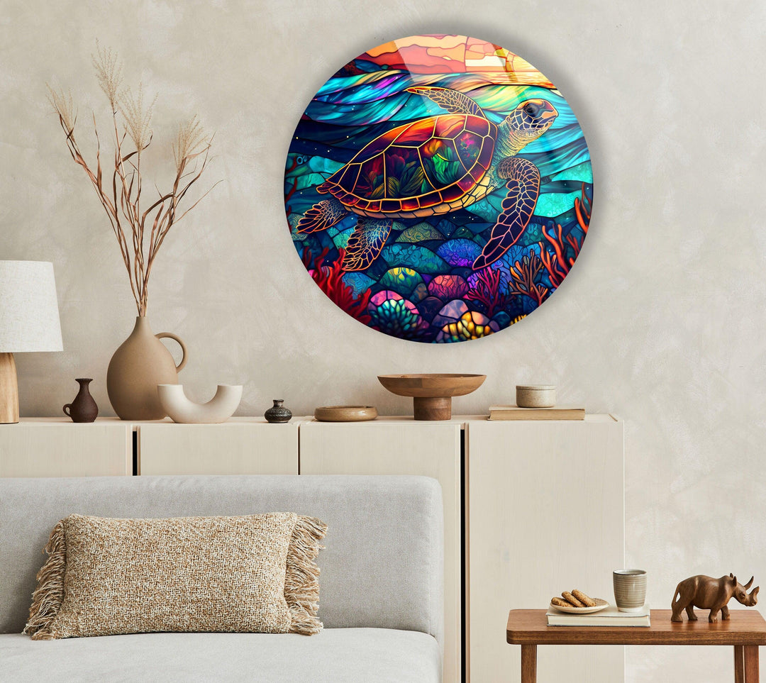 Sea Turtle Colored Round Glass Wall Art photo print on glass, prints on glass wall art
