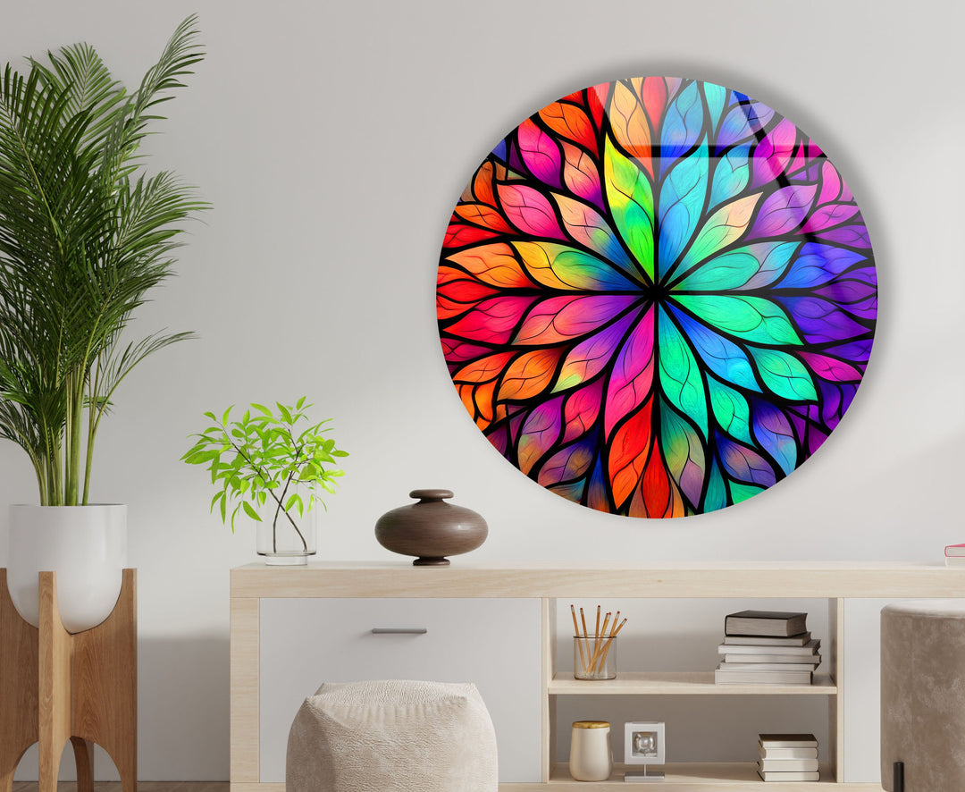 Stained Round Colored Leafs Glass Wall Art picture on glass wall art, photos printed on glass
