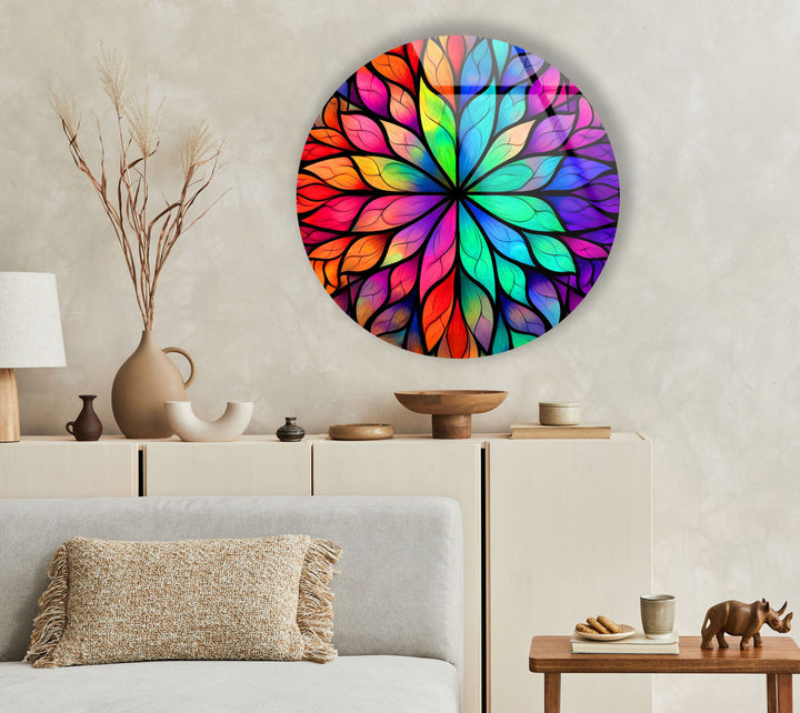 Stained Round Colored Leafs Glass Wall Art print on glass, glass printed photos
