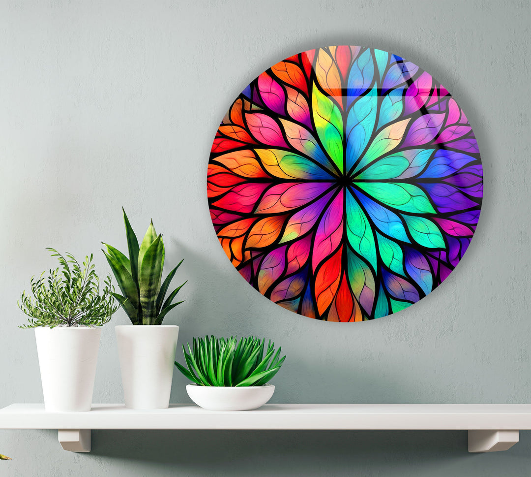 Stained Round Colored Leafs Glass Wall Art print picture on glass, Tempered Glass Wall Art
